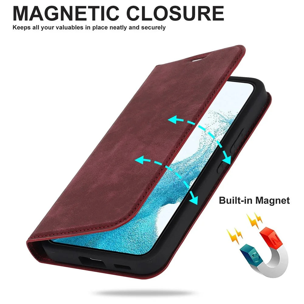 For Samsung Galaxy S22+ 5G RFID Blocking Stand Card Holder PU Leather Case Auto Closing Magnetic Phone Cover - Red - 5