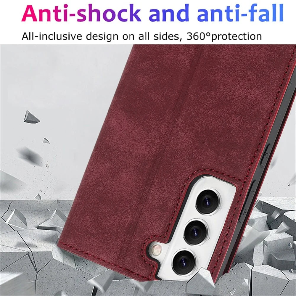 For Samsung Galaxy S22+ 5G RFID Blocking Stand Card Holder PU Leather Case Auto Closing Magnetic Phone Cover - Red - 6