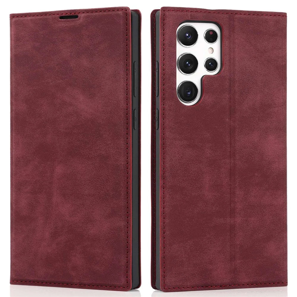 For Samsung Galaxy S22 Ultra 5G Shockproof RFID Blocking PU Leather Phone Case Auto Closing Magnetic Phone Cover - Wine Red - 1