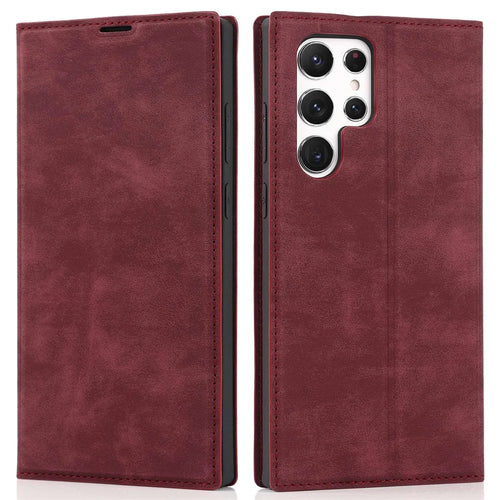 For Samsung Galaxy S22 Ultra 5G Shockproof RFID Blocking PU Leather Phone Case Auto Closing Magnetic Phone Cover - Wine Red - 1
