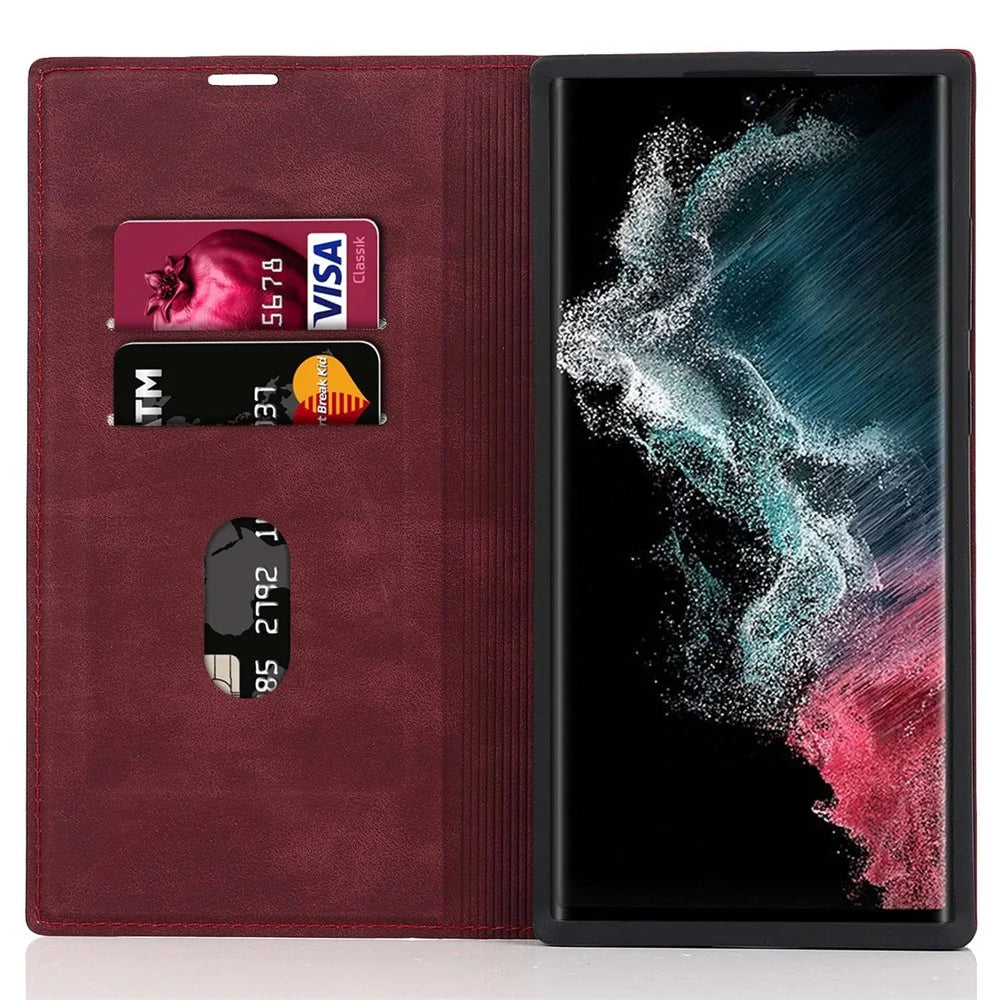 For Samsung Galaxy S22 Ultra 5G Shockproof RFID Blocking PU Leather Phone Case Auto Closing Magnetic Phone Cover - Wine Red - 2