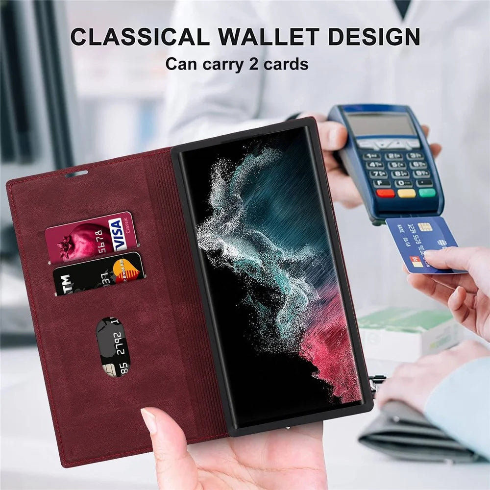 For Samsung Galaxy S22 Ultra 5G Shockproof RFID Blocking PU Leather Phone Case Auto Closing Magnetic Phone Cover - Wine Red - 4