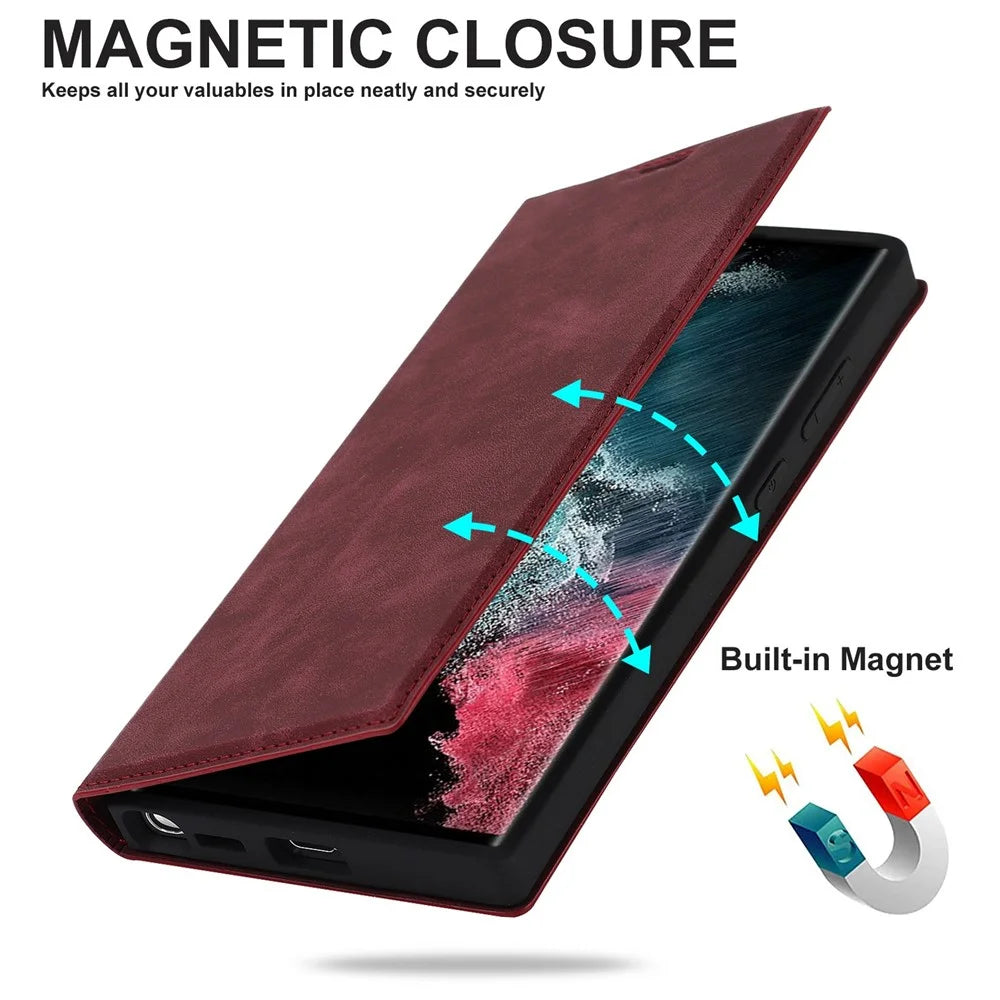 For Samsung Galaxy S22 Ultra 5G Shockproof RFID Blocking PU Leather Phone Case Auto Closing Magnetic Phone Cover - Wine Red - 5
