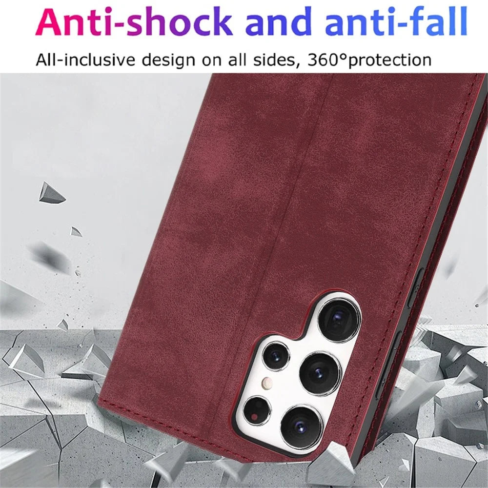 For Samsung Galaxy S22 Ultra 5G Shockproof RFID Blocking PU Leather Phone Case Auto Closing Magnetic Phone Cover - Wine Red - 6