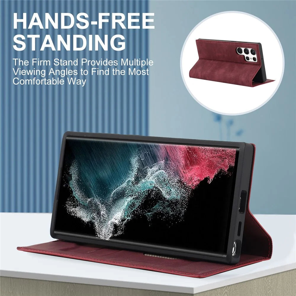 For Samsung Galaxy S22 Ultra 5G Shockproof RFID Blocking PU Leather Phone Case Auto Closing Magnetic Phone Cover - Wine Red - 7