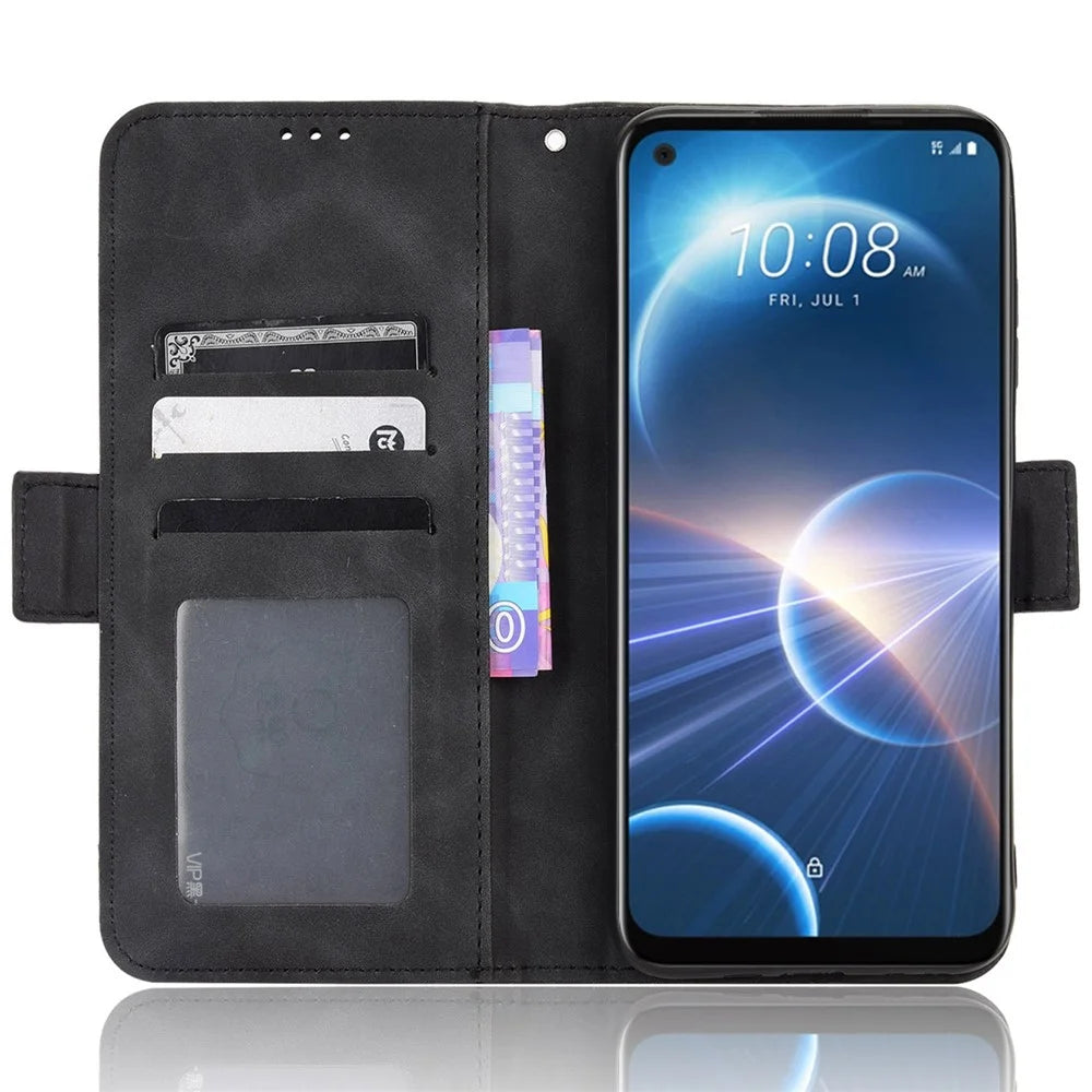 For HTC Desire 22 Pro 5G Bump Proof PU Leather Flip Wallet Case Multiple Card Slots Stand Magnetic Mobile Phone Cover - Black - 2