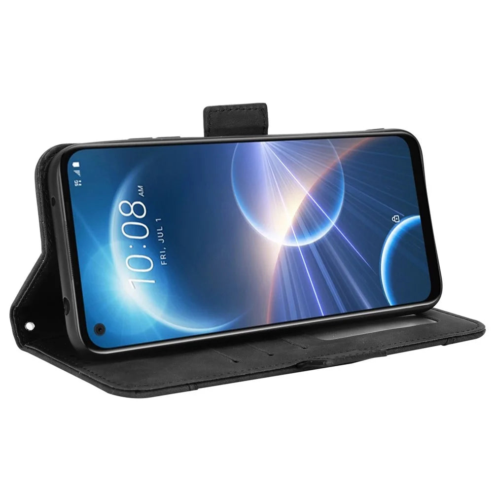 For HTC Desire 22 Pro 5G Bump Proof PU Leather Flip Wallet Case Multiple Card Slots Stand Magnetic Mobile Phone Cover - Black - 3