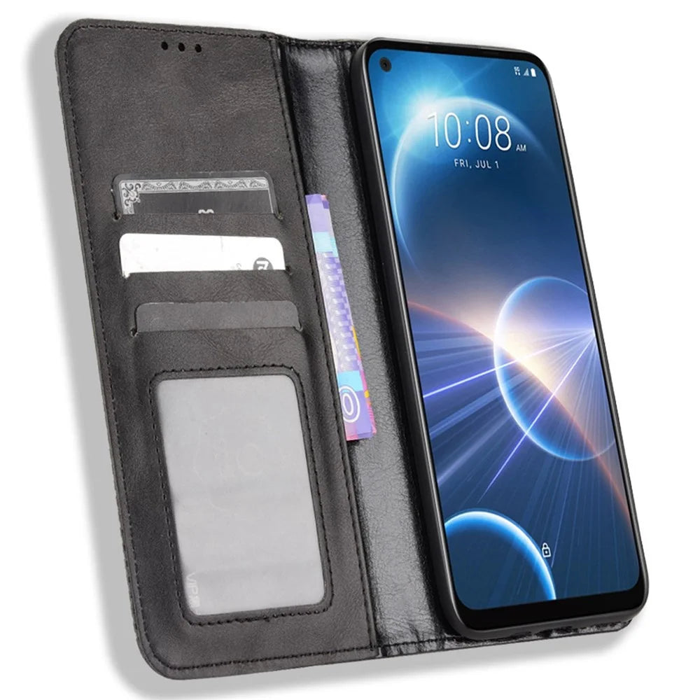 For HTC Desire 22 Pro 5G Auto Closing Magnetic Retro PU Leather Wallet Design Case Stand Function Phone Shell Cover - Black - 2