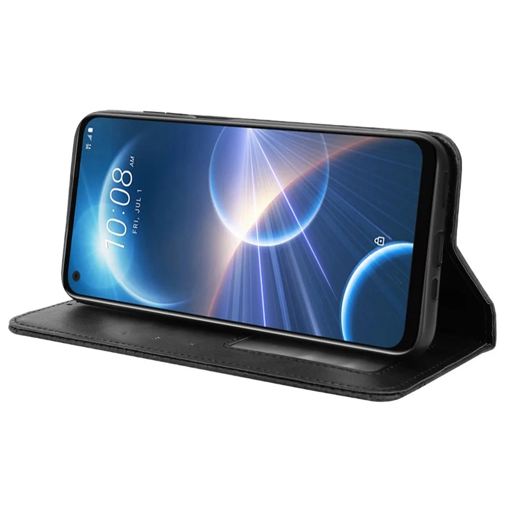 For HTC Desire 22 Pro 5G Auto Closing Magnetic Retro PU Leather Wallet Design Case Stand Function Phone Shell Cover - Black - 3