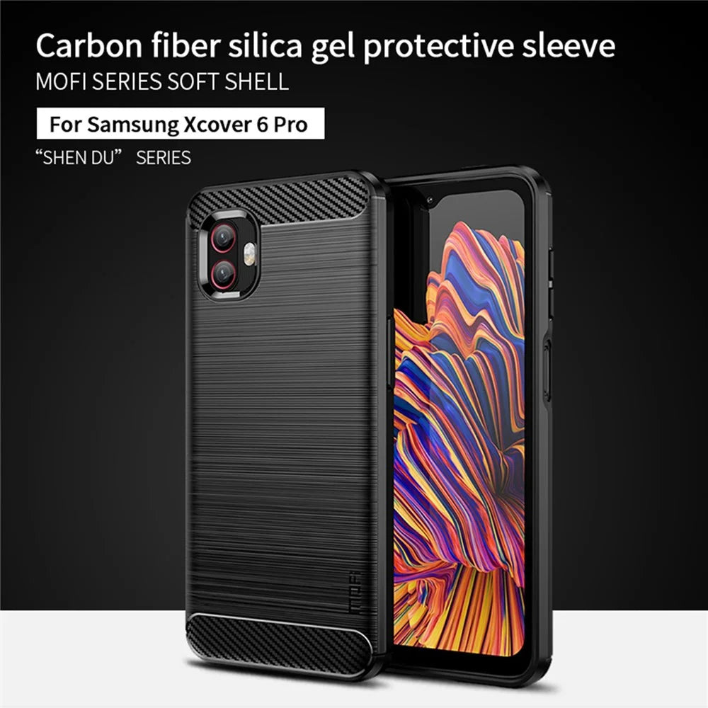 MOFI JK TPU Series-1 for Samsung Galaxy Xcover6 Pro 5G / Xcover Pro 2 5G Brushed Surface Carbon Fiber Phone Case Flexible TPU Anti-wear Anti-fingerprint Protector - Black - 3