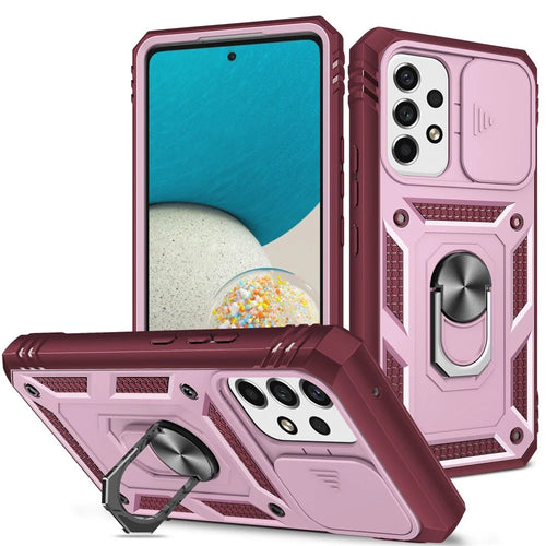 For Samsung Galaxy A53 5G Camera Sliding Door Design Phone Case Hard PC Soft TPU Defender Kickstand Cover with Card Slot - Pink / Dark Red - 1