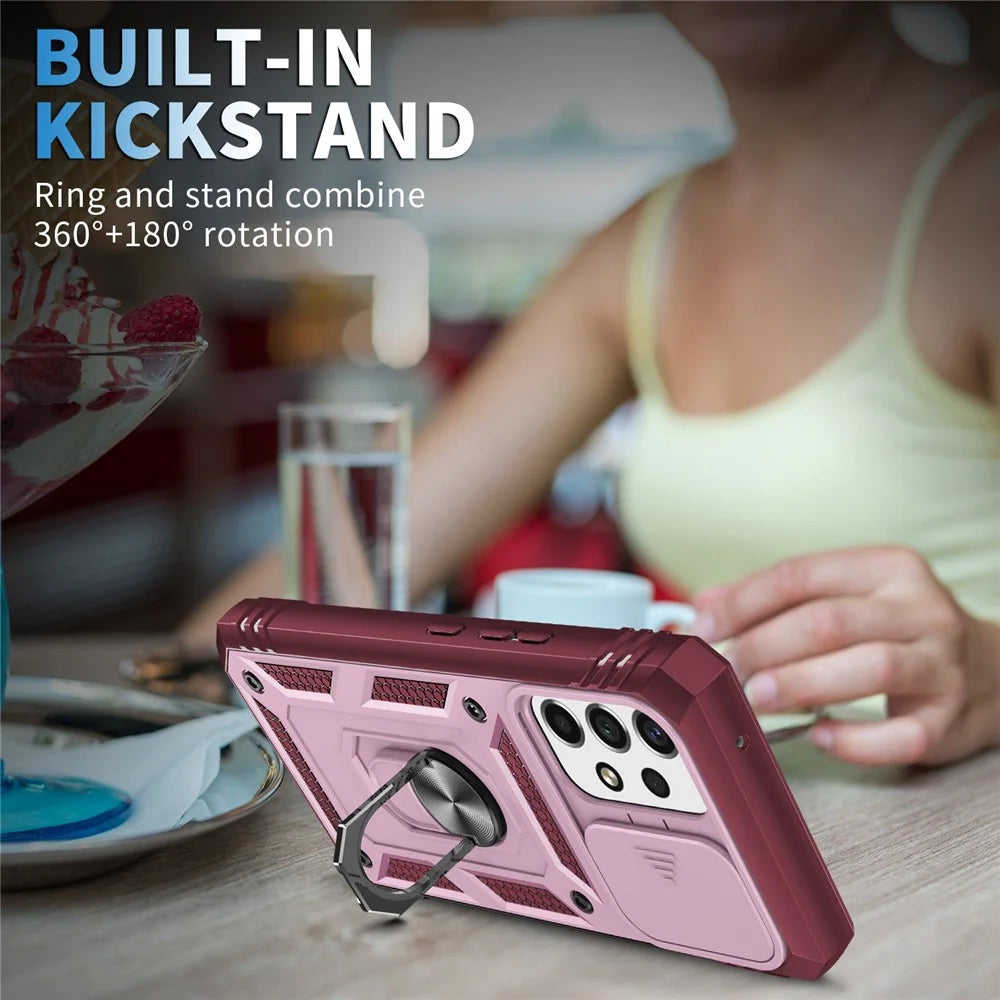 For Samsung Galaxy A53 5G Camera Sliding Door Design Phone Case Hard PC Soft TPU Defender Kickstand Cover with Card Slot - Pink / Dark Red - 2