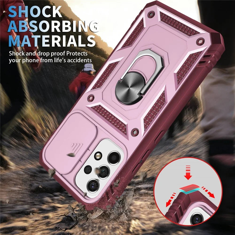 For Samsung Galaxy A53 5G Camera Sliding Door Design Phone Case Hard PC Soft TPU Defender Kickstand Cover with Card Slot - Pink / Dark Red - 3
