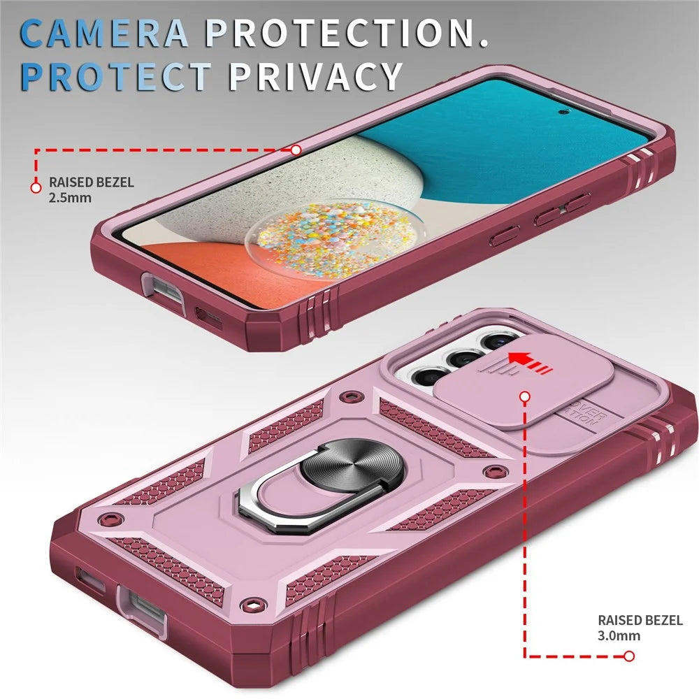 For Samsung Galaxy A53 5G Camera Sliding Door Design Phone Case Hard PC Soft TPU Defender Kickstand Cover with Card Slot - Pink / Dark Red - 4