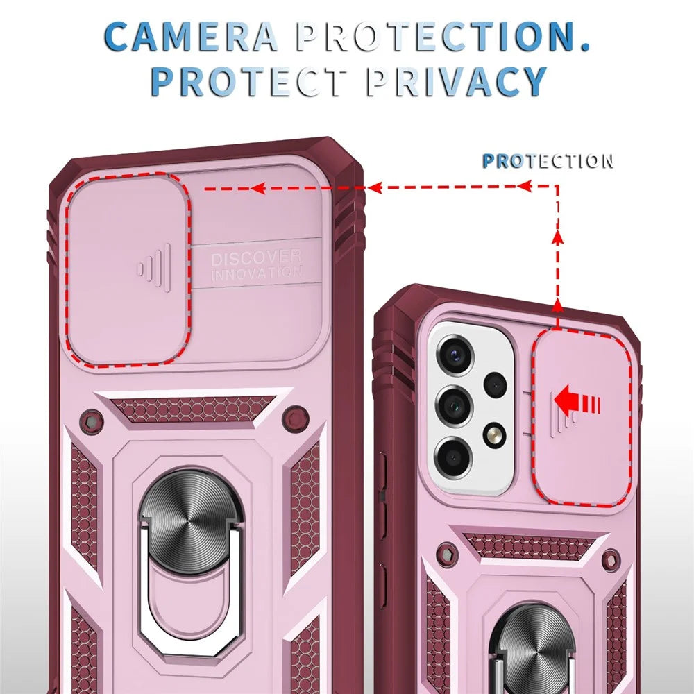 For Samsung Galaxy A53 5G Camera Sliding Door Design Phone Case Hard PC Soft TPU Defender Kickstand Cover with Card Slot - Pink / Dark Red - 5