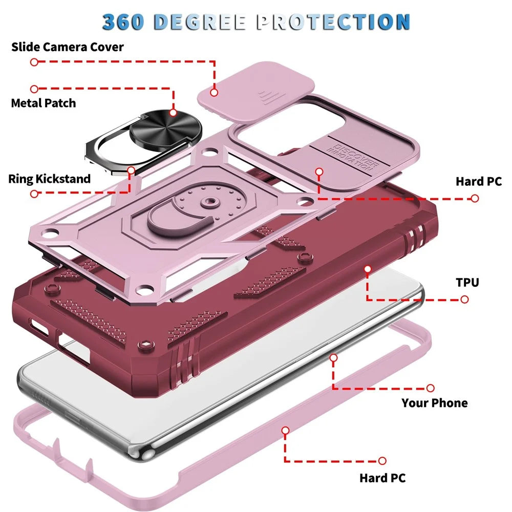 For Samsung Galaxy A53 5G Camera Sliding Door Design Phone Case Hard PC Soft TPU Defender Kickstand Cover with Card Slot - Pink / Dark Red - 6