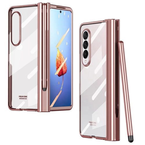 For Samsung Galaxy Z Fold4 5G Tempered Glass Film Drop Resistant Electroplating PC Phone Case with Pen Slot Hinge and Stylus Pen - Pink - 1
