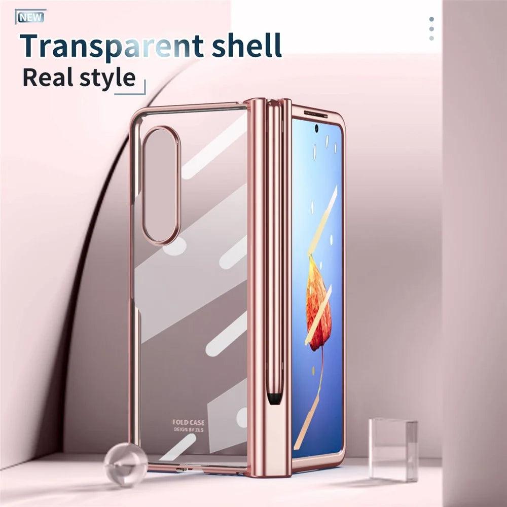 For Samsung Galaxy Z Fold4 5G Tempered Glass Film Drop Resistant Electroplating PC Phone Case with Pen Slot Hinge and Stylus Pen - Pink - 2