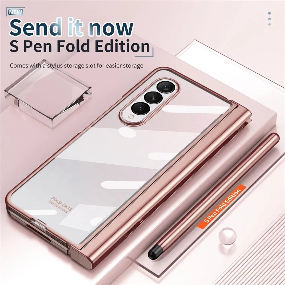 For Samsung Galaxy Z Fold4 5G Tempered Glass Film Drop Resistant Electroplating PC Phone Case with Pen Slot Hinge and Stylus Pen - Pink - 3