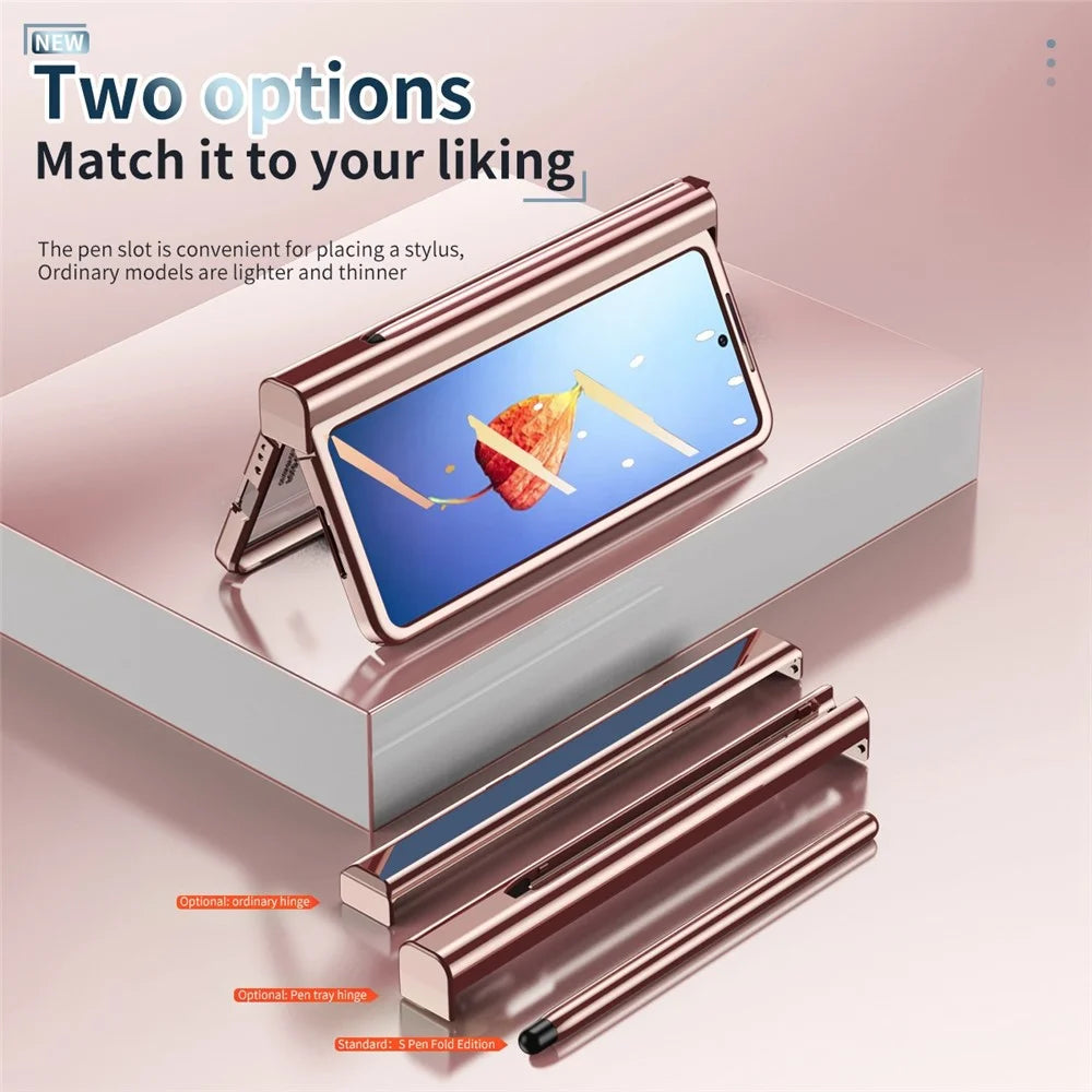 For Samsung Galaxy Z Fold4 5G Tempered Glass Film Drop Resistant Electroplating PC Phone Case with Pen Slot Hinge and Stylus Pen - Pink - 4