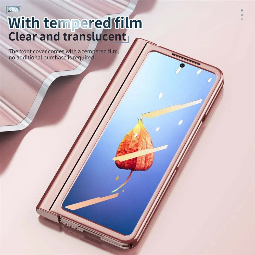 For Samsung Galaxy Z Fold4 5G Tempered Glass Film Drop Resistant Electroplating PC Phone Case with Pen Slot Hinge and Stylus Pen - Pink - 5