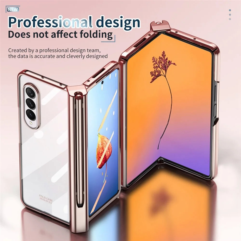 For Samsung Galaxy Z Fold4 5G Tempered Glass Film Drop Resistant Electroplating PC Phone Case with Pen Slot Hinge and Stylus Pen - Pink - 6
