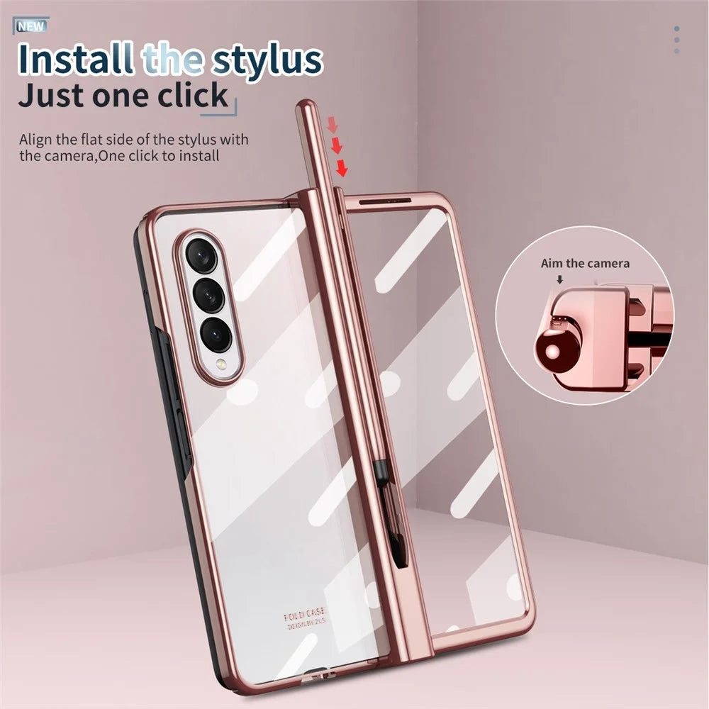 For Samsung Galaxy Z Fold4 5G Tempered Glass Film Drop Resistant Electroplating PC Phone Case with Pen Slot Hinge and Stylus Pen - Pink - 7