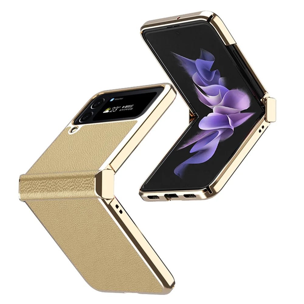For Samsung Galaxy Z Flip4 5G Litchi Texture Metal Frame PU Leather + PC Back Cover Anti-fingerprint Phone Case - Gold - 1