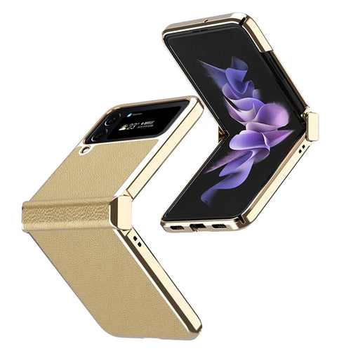 For Samsung Galaxy Z Flip4 5G Litchi Texture Metal Frame PU Leather + PC Back Cover Anti-fingerprint Phone Case - Gold - 1