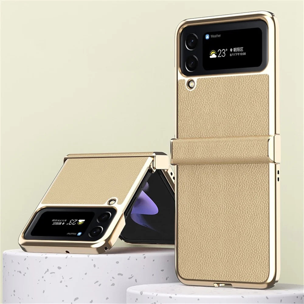 For Samsung Galaxy Z Flip4 5G Litchi Texture Metal Frame PU Leather + PC Back Cover Anti-fingerprint Phone Case - Gold - 2