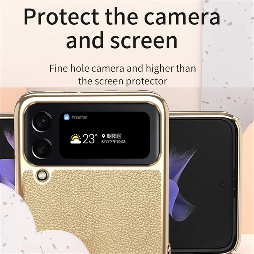 For Samsung Galaxy Z Flip4 5G Litchi Texture Metal Frame PU Leather + PC Back Cover Anti-fingerprint Phone Case - Gold - 3