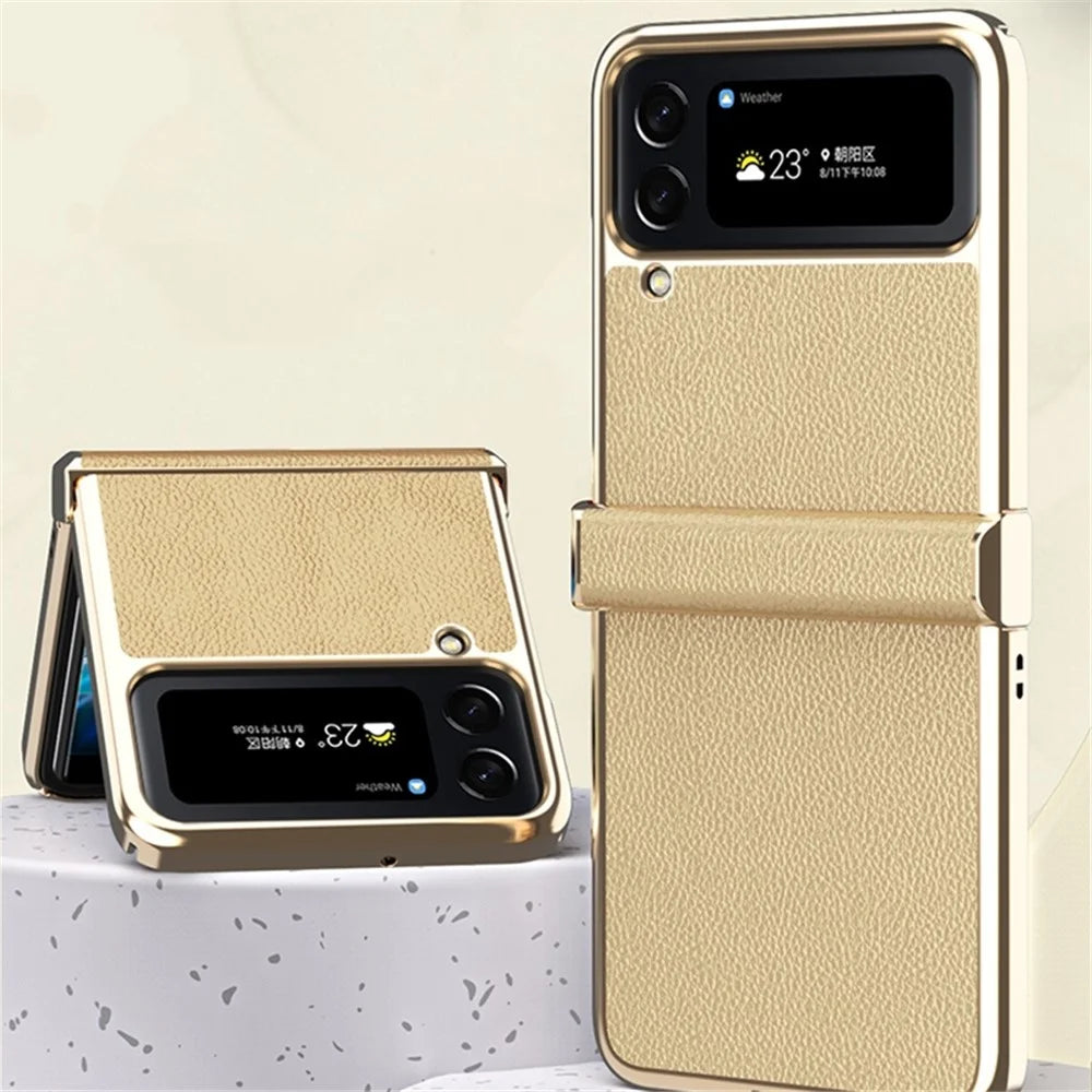 For Samsung Galaxy Z Flip4 5G Litchi Texture Metal Frame PU Leather + PC Back Cover Anti-fingerprint Phone Case - Gold - 5
