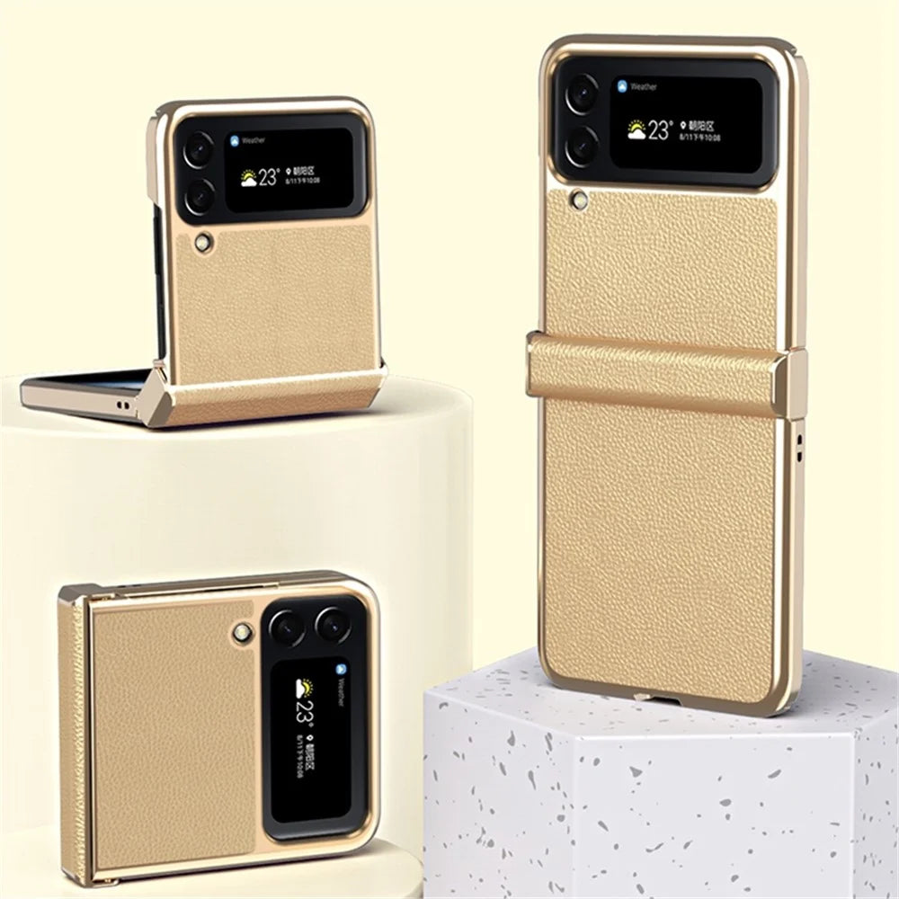 For Samsung Galaxy Z Flip4 5G Litchi Texture Metal Frame PU Leather + PC Back Cover Anti-fingerprint Phone Case - Gold - 6