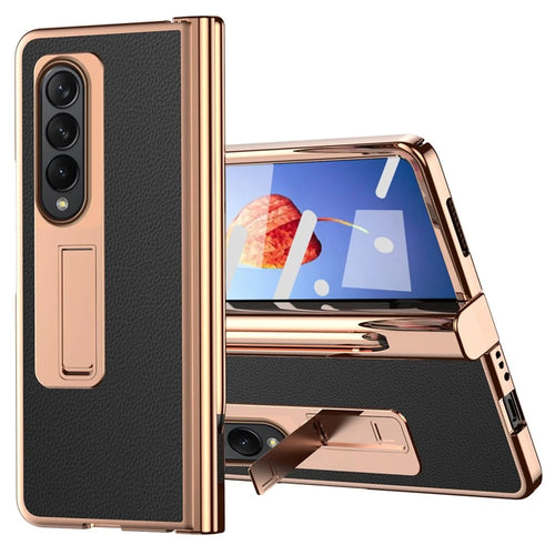 For Samsung Galaxy Z Fold4 5G Hinge Protection Anti-fall PU Leather + Hard PC Shell Electroplating Kickstand Cover with Built-in Tempered Glass Screen Protector and S Pen - Black - 1