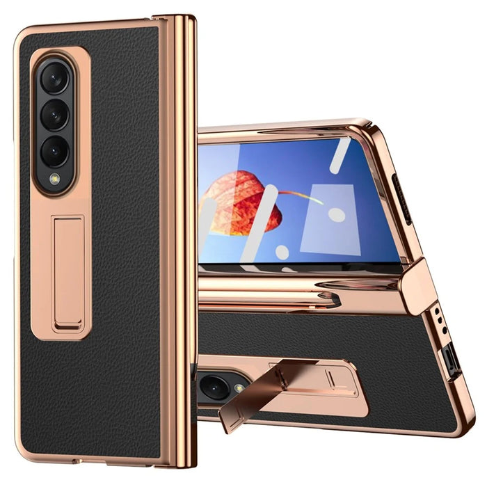 For Samsung Galaxy Z Fold4 5G Hinge Protection Anti-fall PU Leather + Hard PC Shell Electroplating Kickstand Cover with Built-in Tempered Glass Screen Protector and S Pen - Black - 1