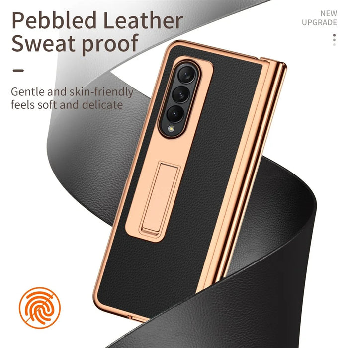 For Samsung Galaxy Z Fold4 5G Hinge Protection Anti-fall PU Leather + Hard PC Shell Electroplating Kickstand Cover with Built-in Tempered Glass Screen Protector and S Pen - Black - 2