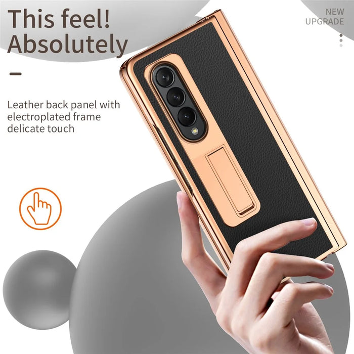 For Samsung Galaxy Z Fold4 5G Hinge Protection Anti-fall PU Leather + Hard PC Shell Electroplating Kickstand Cover with Built-in Tempered Glass Screen Protector and S Pen - Black - 3