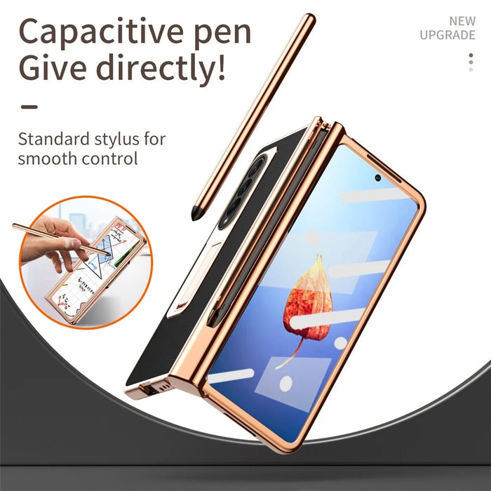 For Samsung Galaxy Z Fold4 5G Hinge Protection Anti-fall PU Leather + Hard PC Shell Electroplating Kickstand Cover with Built-in Tempered Glass Screen Protector and S Pen - Black - 4
