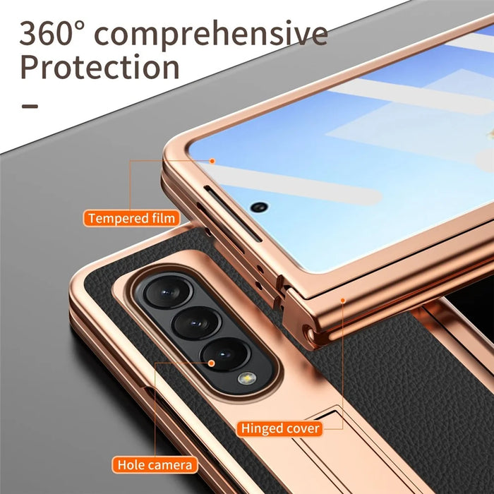 For Samsung Galaxy Z Fold4 5G Hinge Protection Anti-fall PU Leather + Hard PC Shell Electroplating Kickstand Cover with Built-in Tempered Glass Screen Protector and S Pen - Black - 5