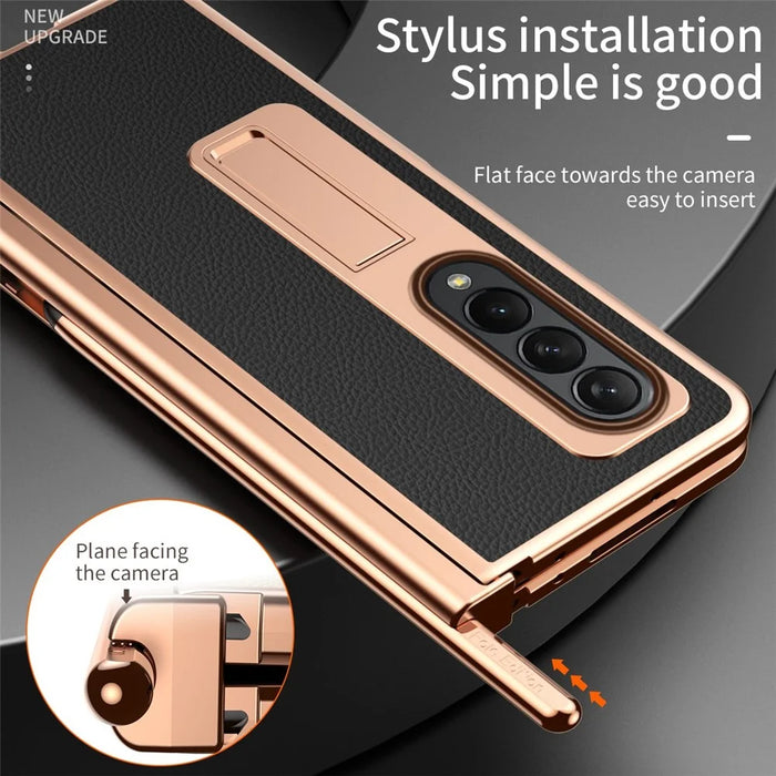 For Samsung Galaxy Z Fold4 5G Hinge Protection Anti-fall PU Leather + Hard PC Shell Electroplating Kickstand Cover with Built-in Tempered Glass Screen Protector and S Pen - Black - 6