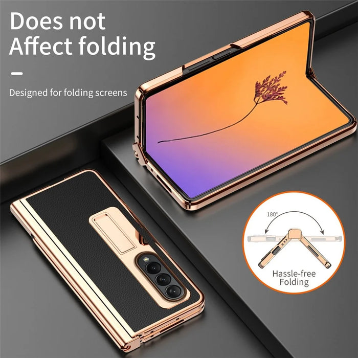For Samsung Galaxy Z Fold4 5G Hinge Protection Anti-fall PU Leather + Hard PC Shell Electroplating Kickstand Cover with Built-in Tempered Glass Screen Protector and S Pen - Black - 7