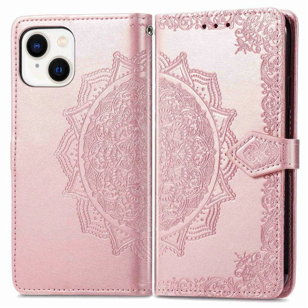 For iPhone 14 6.1 inch Mandala Pattern Embossed Leather Wallet Case Magnetic Clasp Phone Stand Cover with Strap - Rose Gold - 1