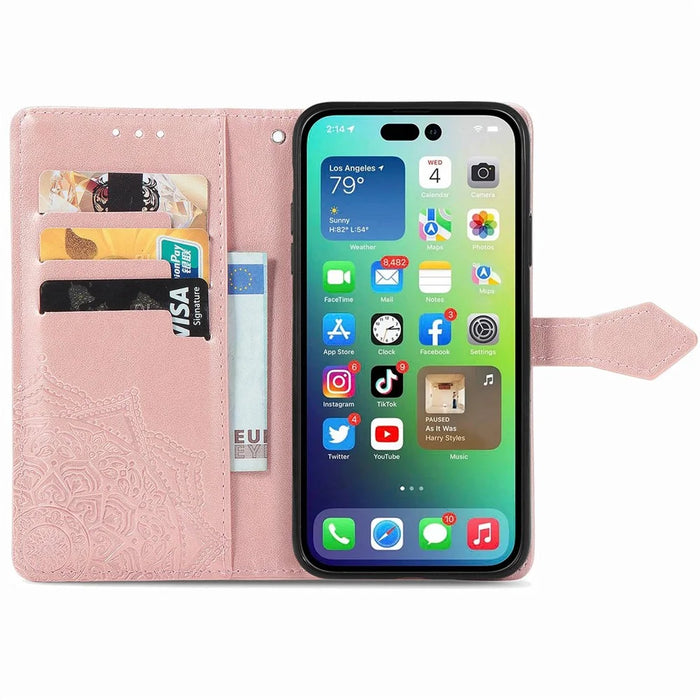 For iPhone 14 6.1 inch Mandala Pattern Embossed Leather Wallet Case Magnetic Clasp Phone Stand Cover with Strap - Rose Gold - 2