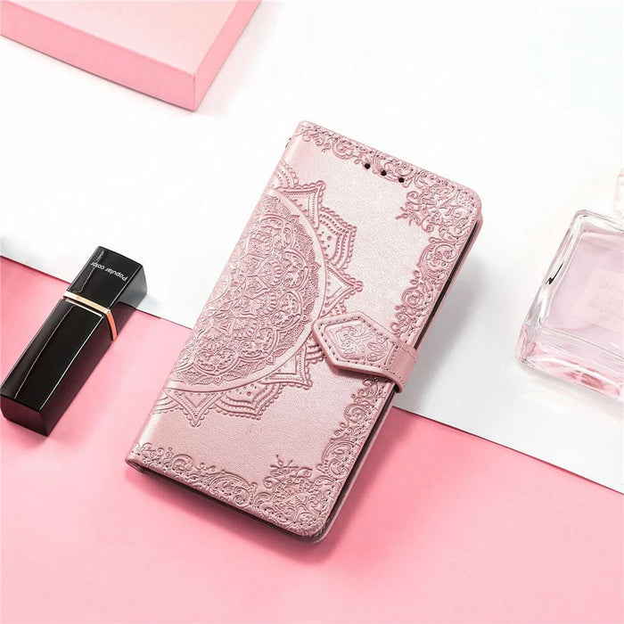For iPhone 14 6.1 inch Mandala Pattern Embossed Leather Wallet Case Magnetic Clasp Phone Stand Cover with Strap - Rose Gold - 3