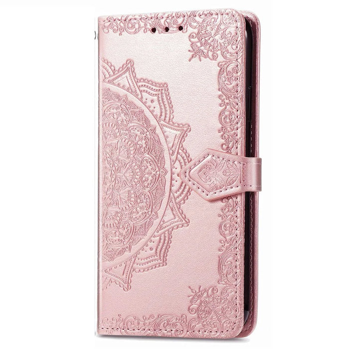 For iPhone 14 6.1 inch Mandala Pattern Embossed Leather Wallet Case Magnetic Clasp Phone Stand Cover with Strap - Rose Gold - 5