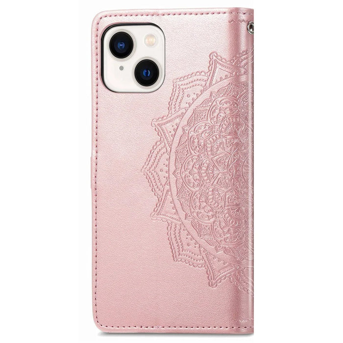 For iPhone 14 6.1 inch Mandala Pattern Embossed Leather Wallet Case Magnetic Clasp Phone Stand Cover with Strap - Rose Gold - 6