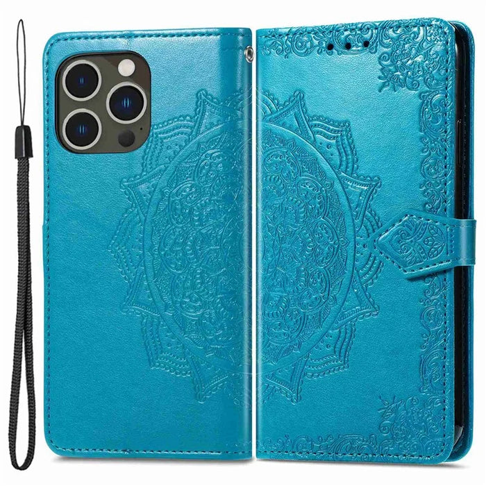 For iPhone 14 Pro 6.1 inch Embossed Mandala Pattern Folding Stand PU Leather Case Wallet Style Flip Cover with Hand Strap - Blue - 1