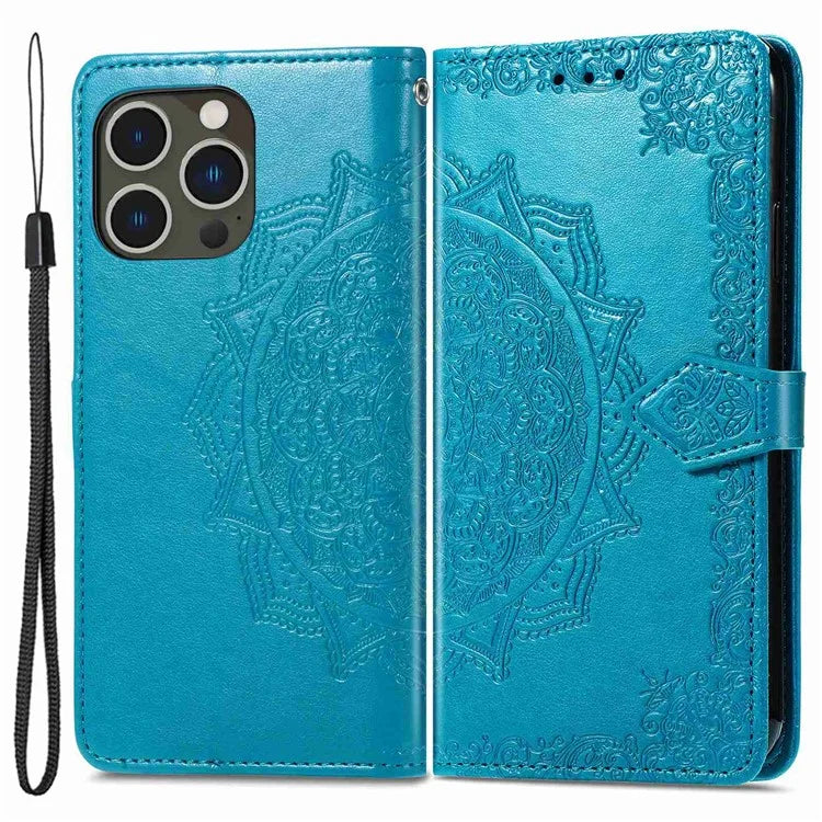 For iPhone 14 Pro 6.1 inch Embossed Mandala Pattern Folding Stand PU Leather Case Wallet Style Flip Cover with Hand Strap - Blue - 1