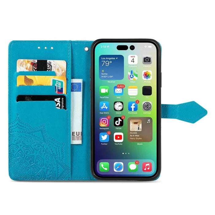 For iPhone 14 Pro 6.1 inch Embossed Mandala Pattern Folding Stand PU Leather Case Wallet Style Flip Cover with Hand Strap - Blue - 2