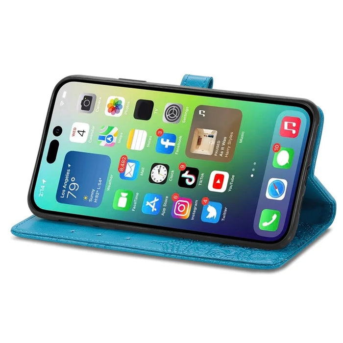 For iPhone 14 Pro 6.1 inch Embossed Mandala Pattern Folding Stand PU Leather Case Wallet Style Flip Cover with Hand Strap - Blue - 3